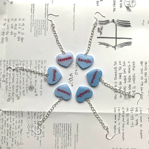 Blue BTS Candy Heart Dangly Earrings