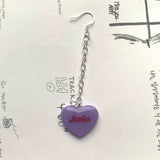 Purple BTS Candy Heart Dangly Earrings